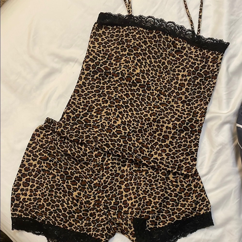 Leopard Print Lace Trim Sleepwear Set